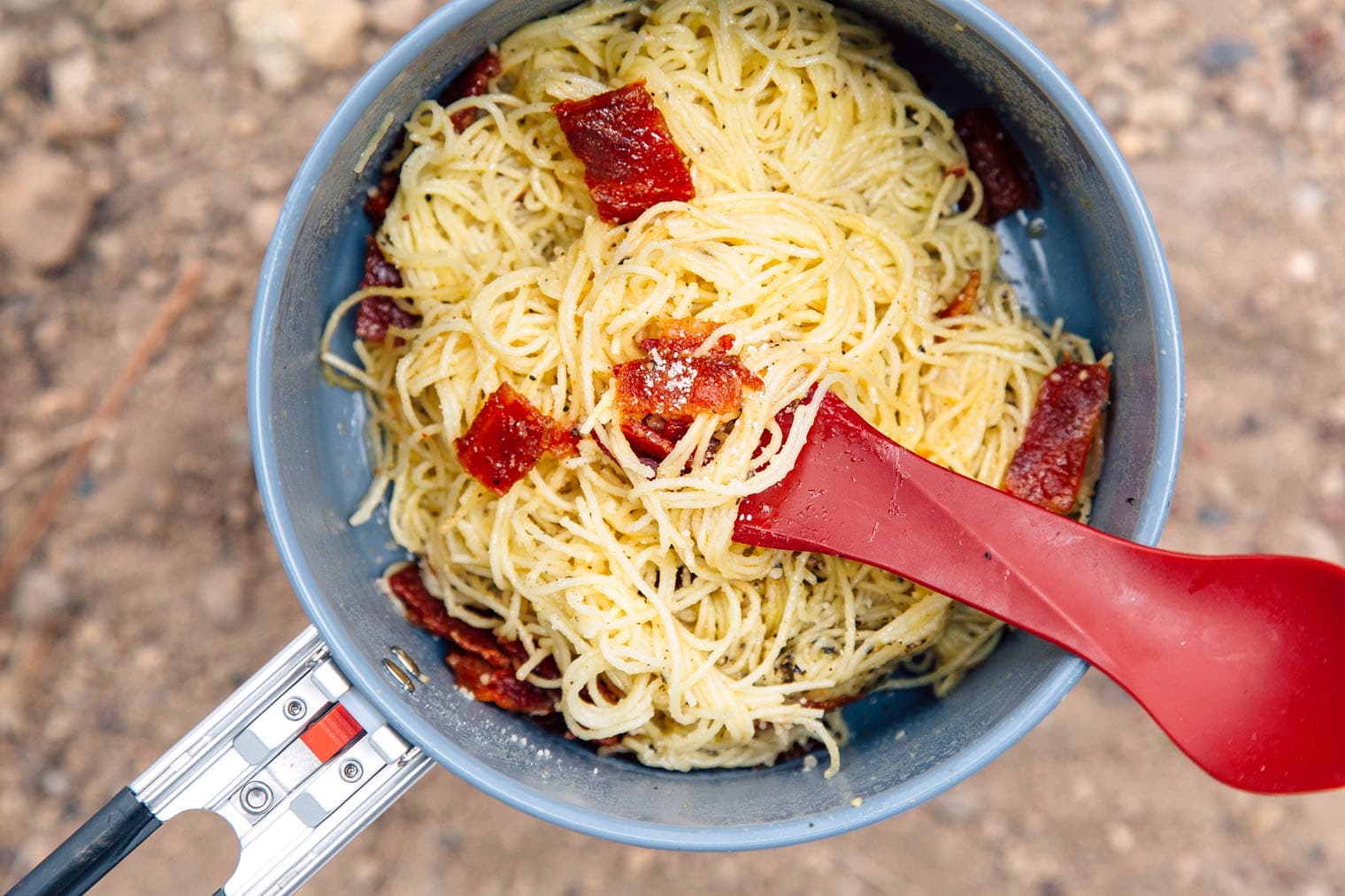 Pasta carbonara in a backpacking pot