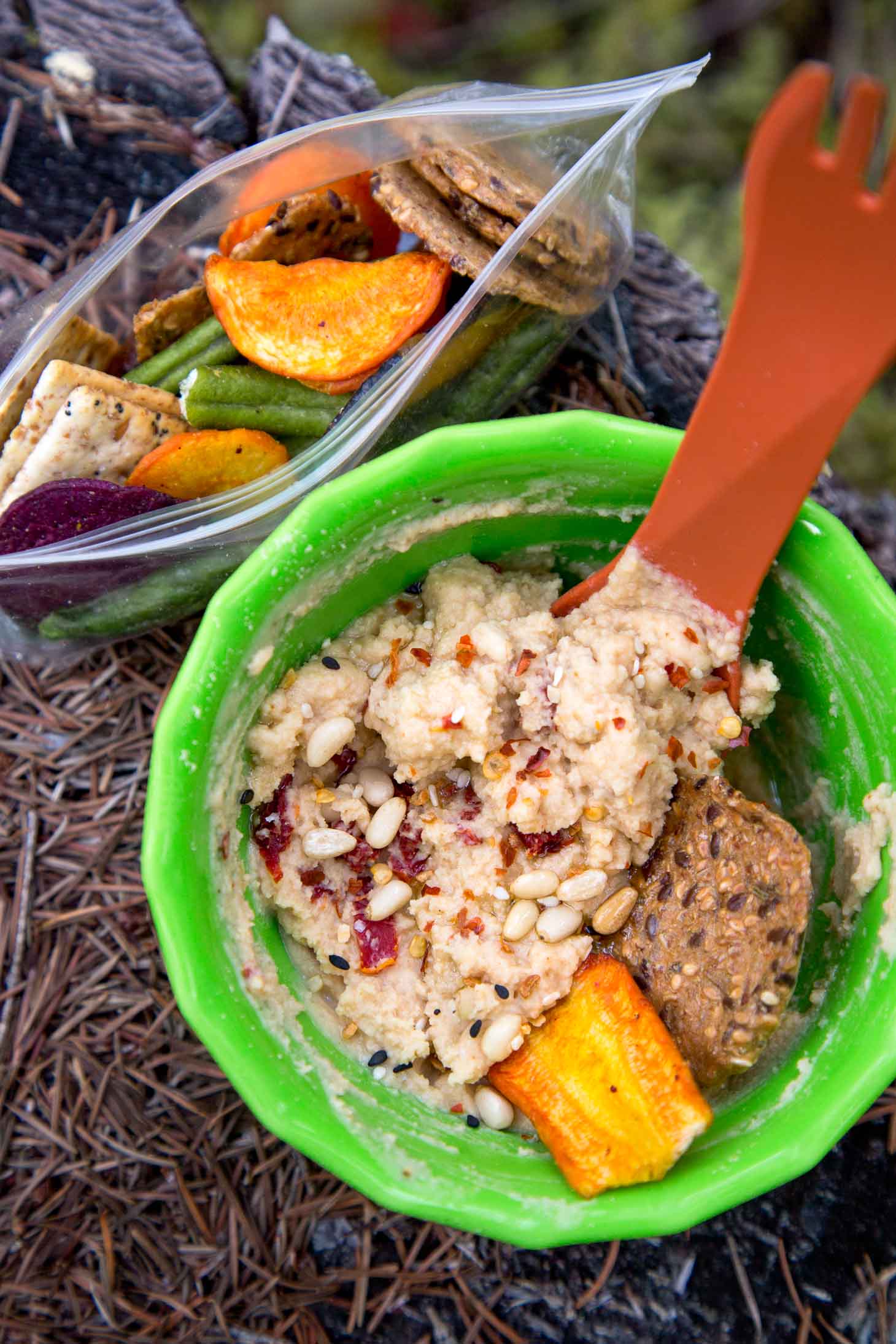 Hummus in a green backpacking bowl on a rock