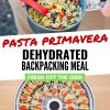 Pinterest graphic with text overlay reading "Pasta primavera dehydrated backpacking meal"