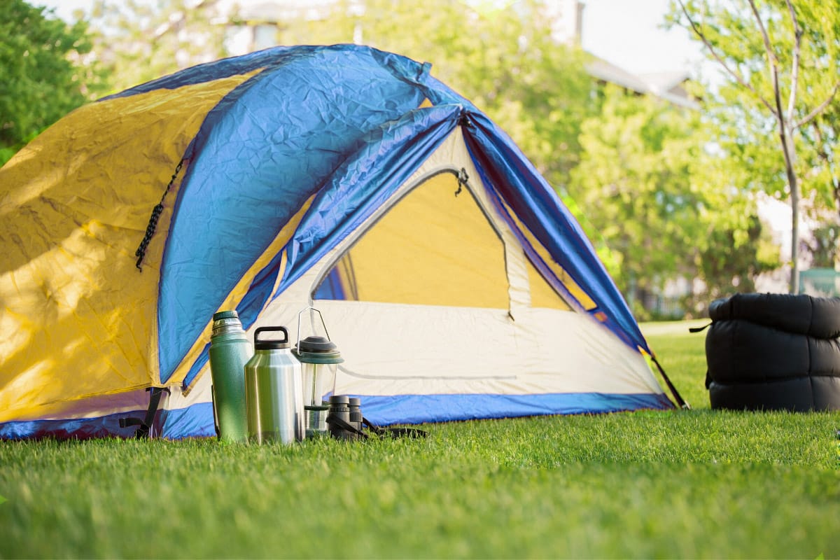 Yellow and blue tent in a backyard