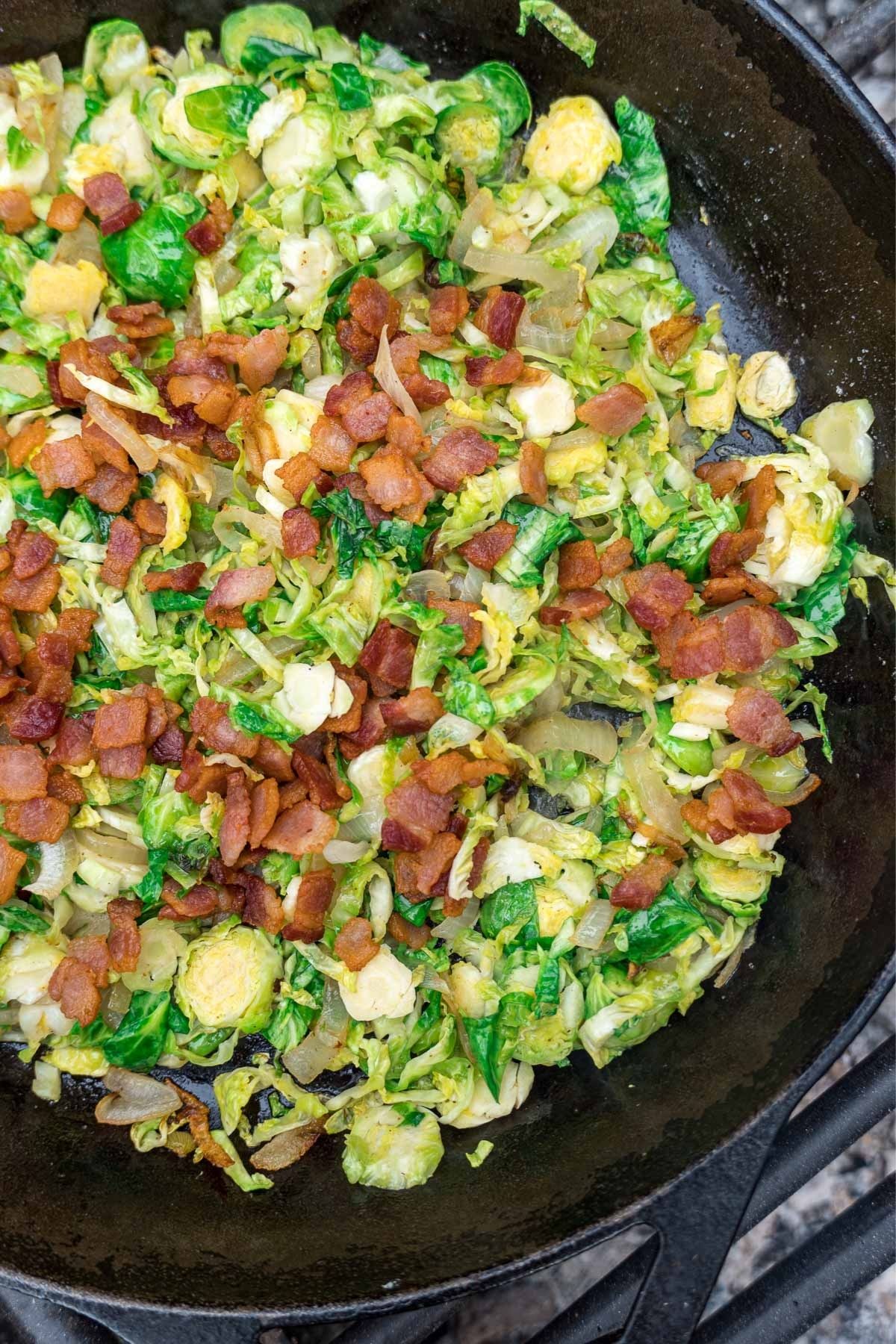 Brussels sprouts and bacon in a cast iron skillet