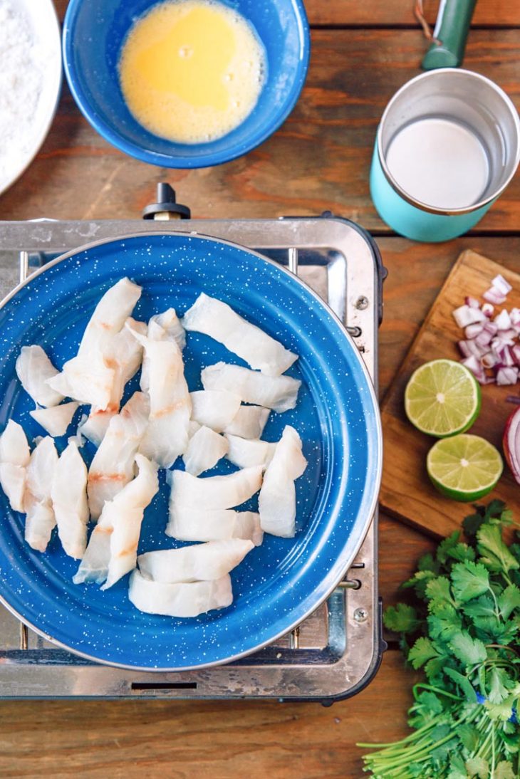 Pieces of fish on a blue camping plate