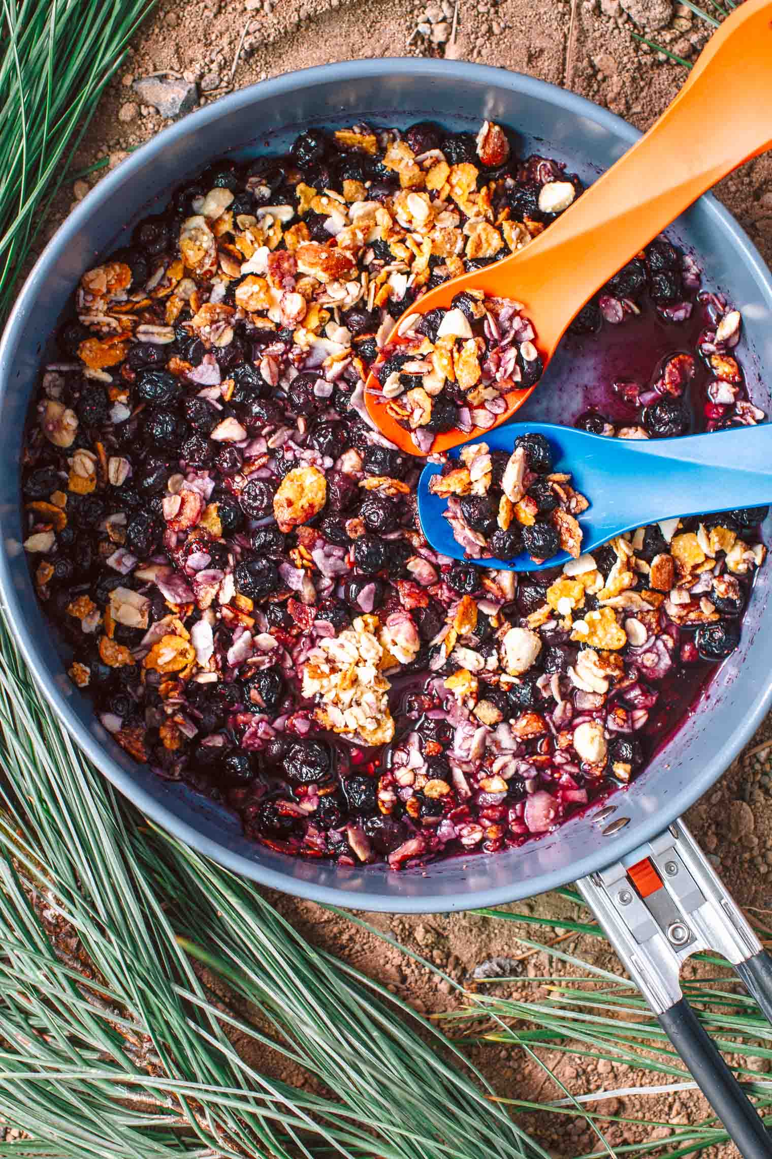 Blueberry cobbler in a backpacking skillet