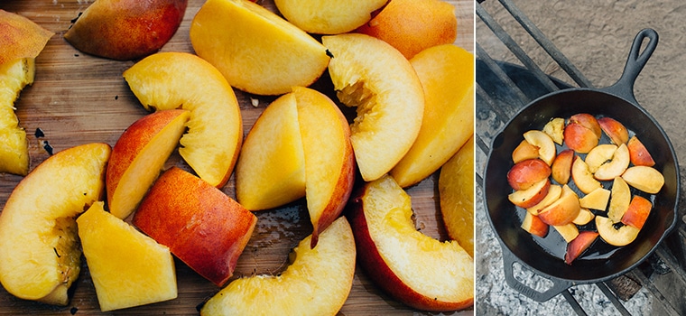 Chopped peaches in a cast iron skillet