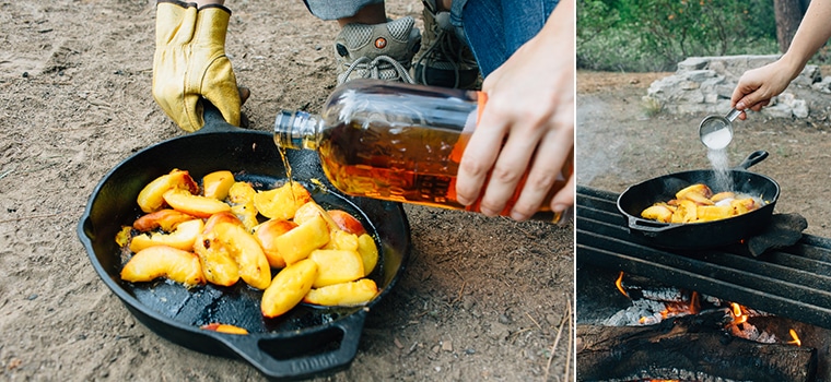 Megan adding whiskey to a cast iron skillet