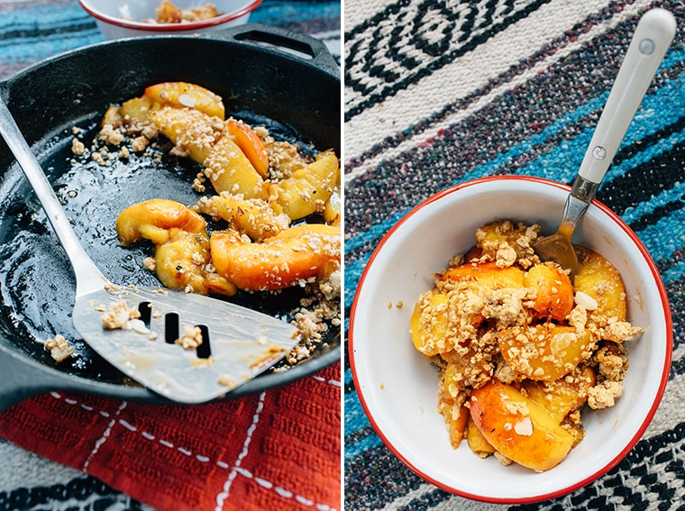 Peach crisp in a cast iron skillet and a bowl