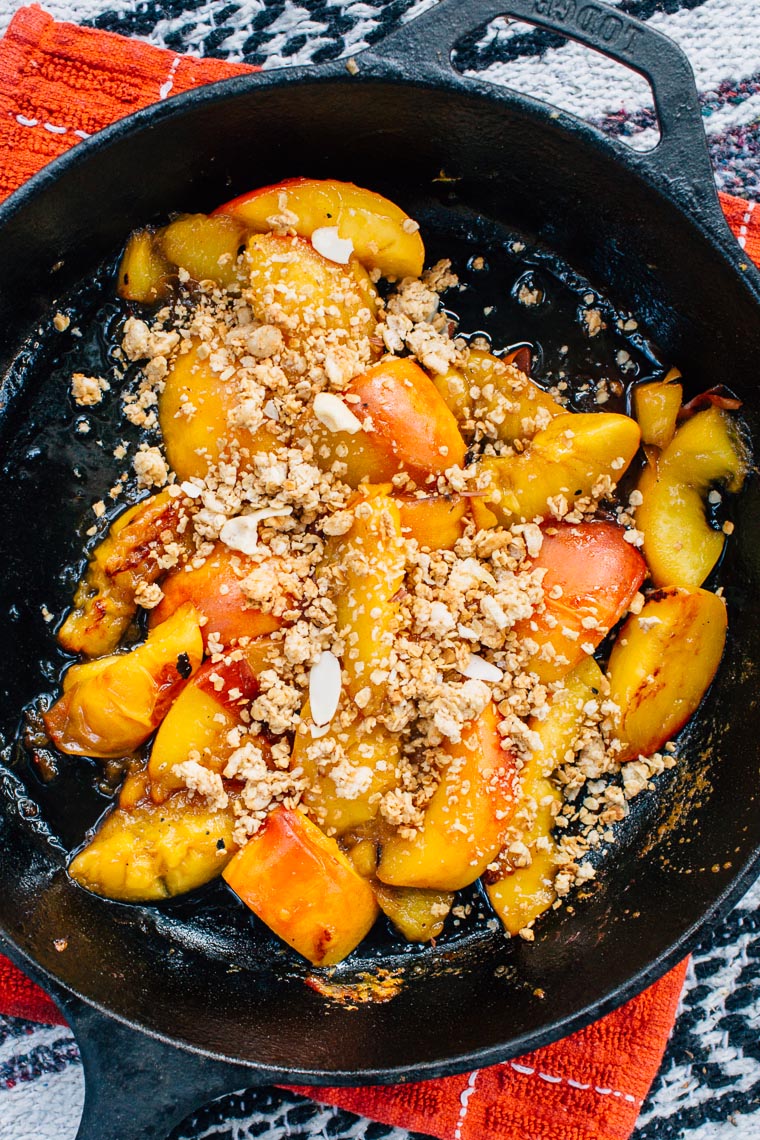 Peach crisp in a cast iron skillet