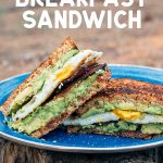 Pinterest graphic with text overlay reading "Bacon egg and avocado breakfast sandwich"