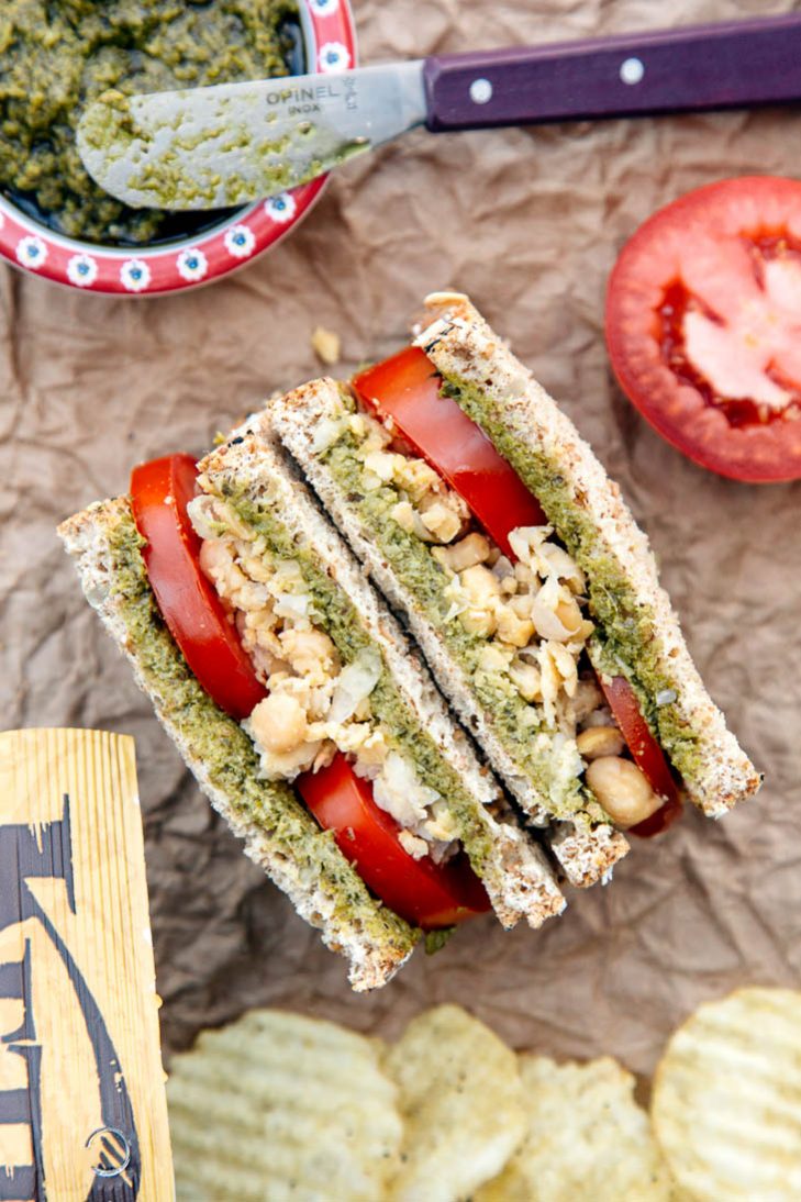 Chickpea, pesto, and tomato sandwich