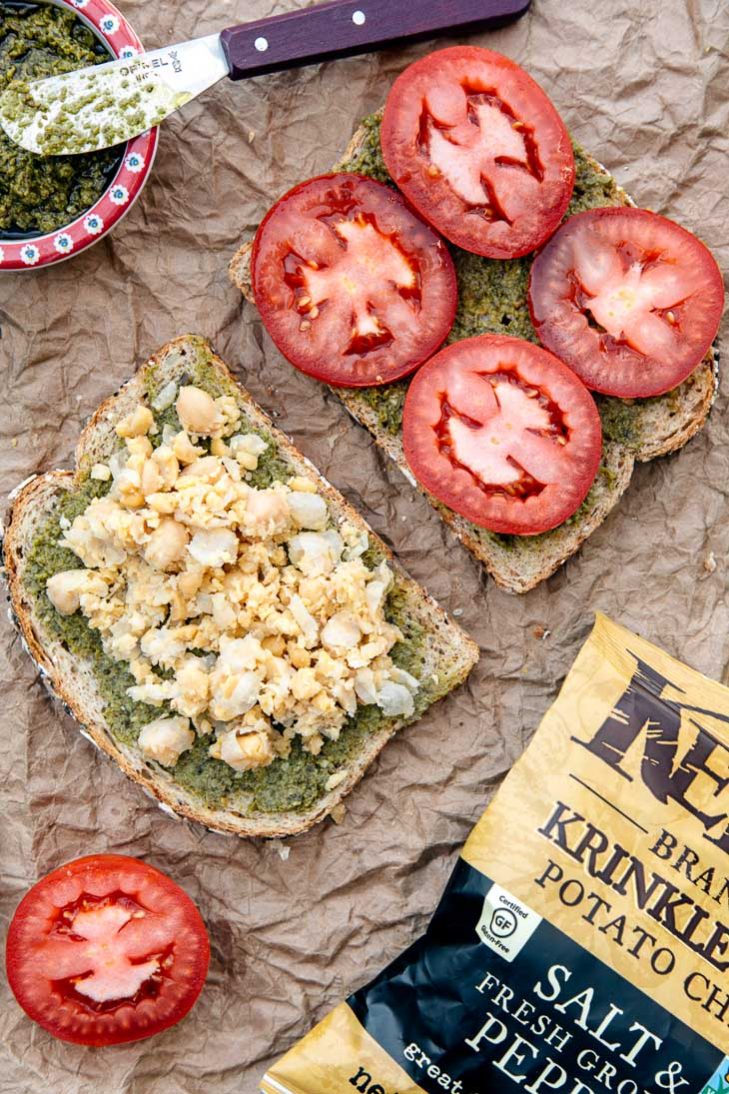 Chickpea, pesto, and tomato sandwich