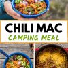 Pinterest graphic with text overlay reading "Chili mac camping meal"