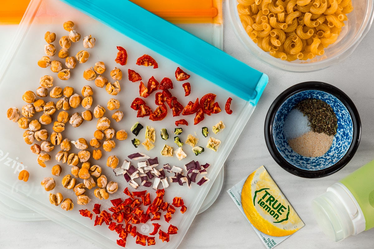 Dehydrated ingredients displayed with a resealable bag on a white surface