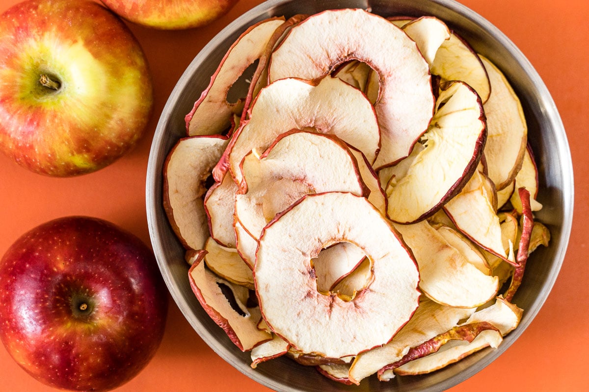 Dried apple chips in a bowl