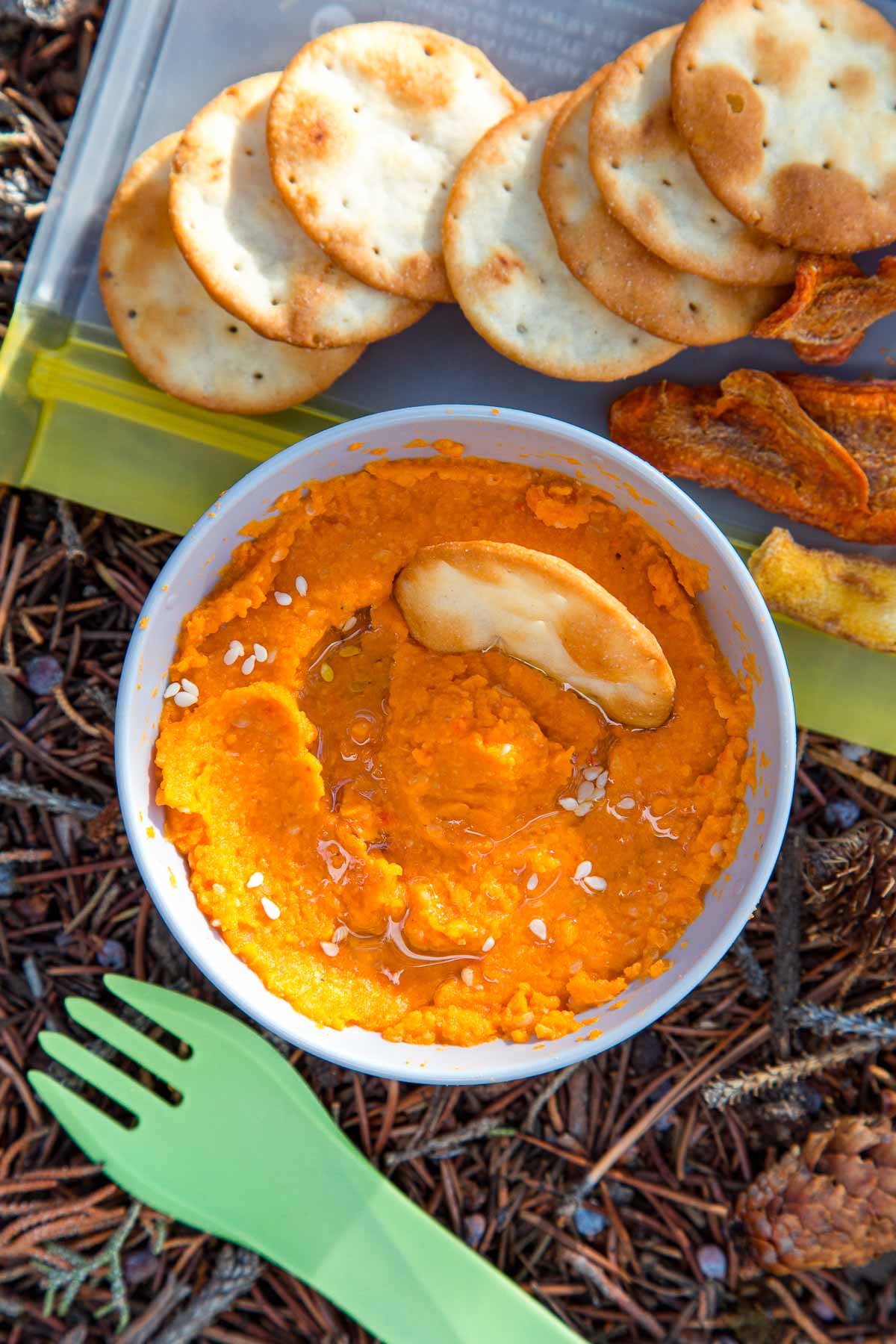 Hummus in a bowl next to crackers and a spork