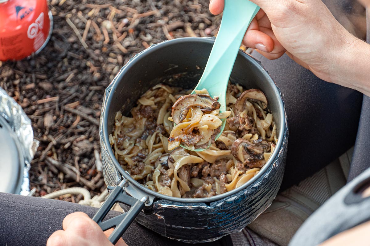 Hand holding a pot with beef stroganoff