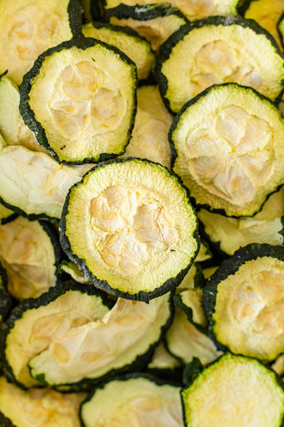 Close up of dehydrated zucchini chips