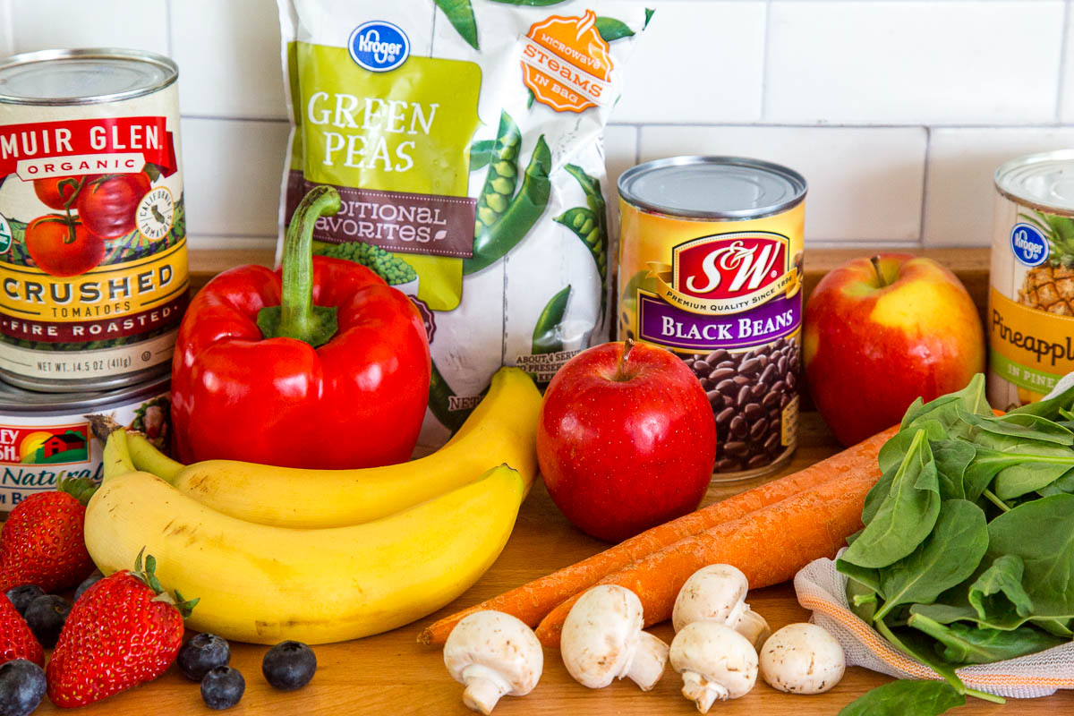 Assorted fruits and vegetables on a countertop