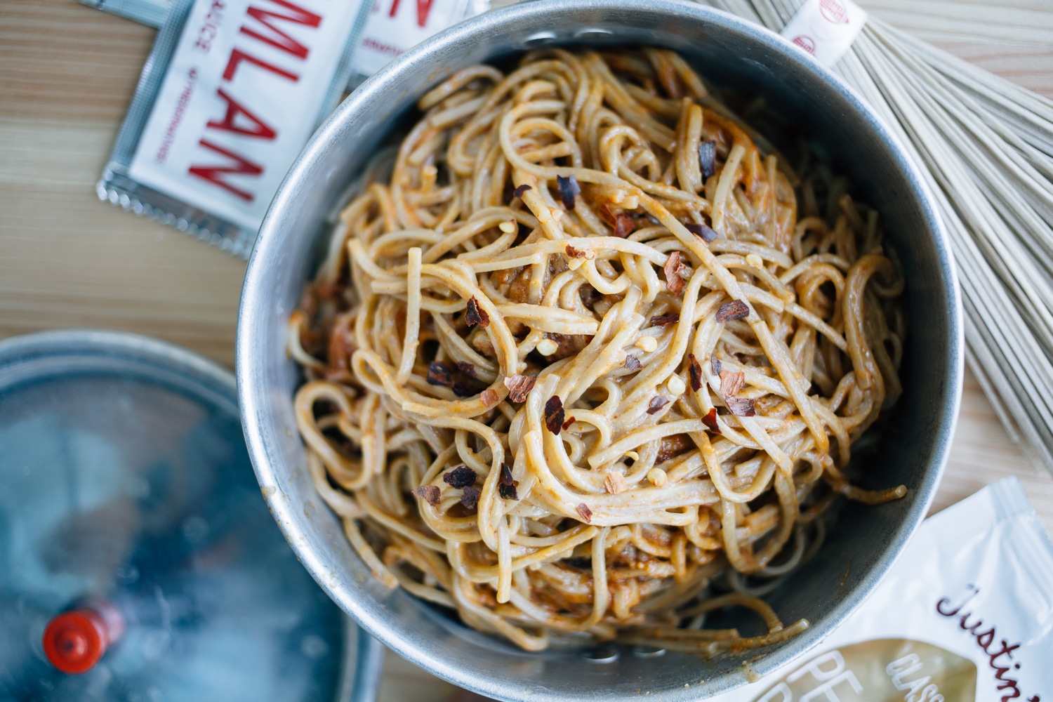 Peanut butter noodles in a pot