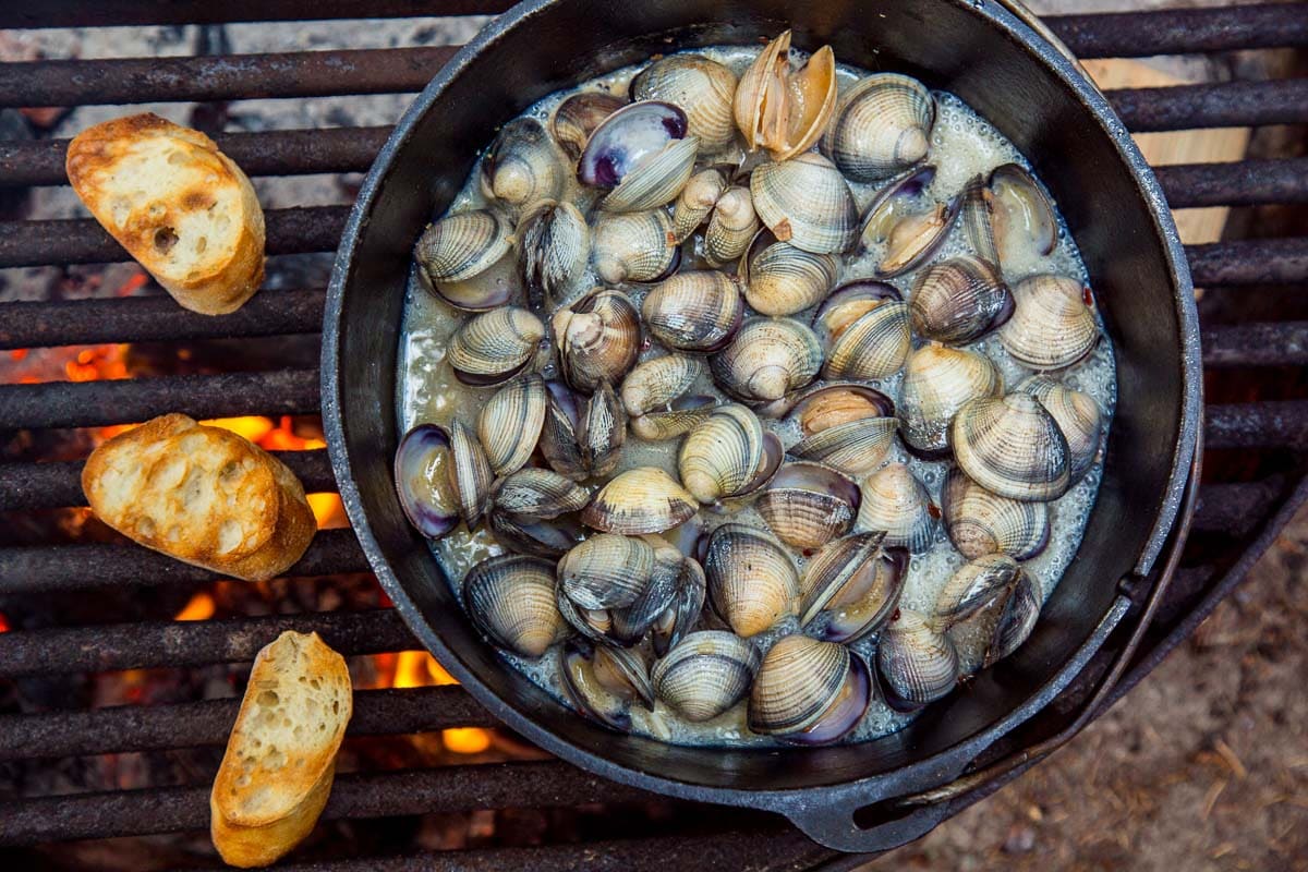 A dutch oven filled with clams over a campfire