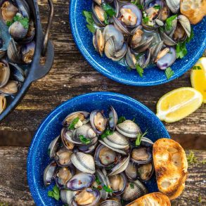 Two bowls with clams and grilled bread on a camp table