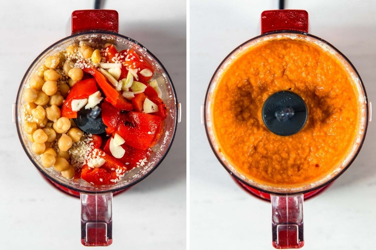 Image 1: Hummus ingredients in food processor. Image 2: Blended hummus.