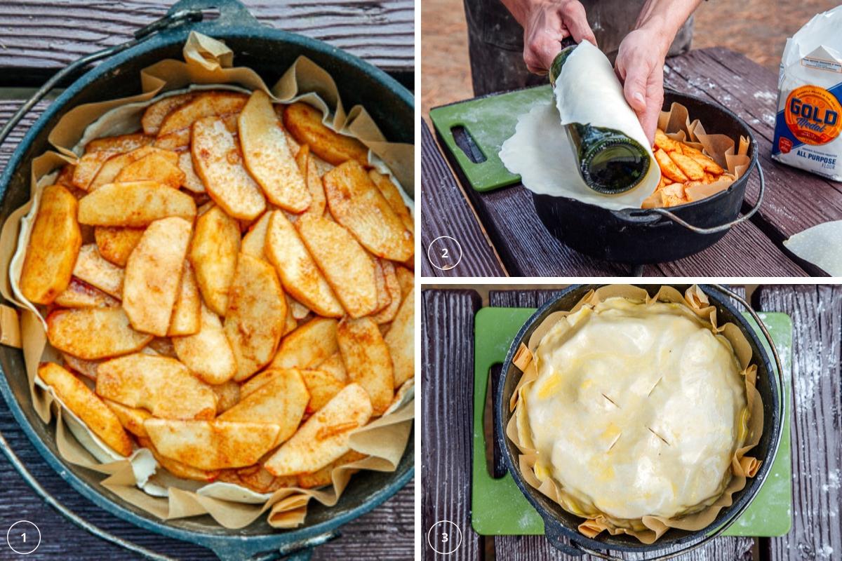 Laying pie crust over the top of apple pie filling in a Dutch oven