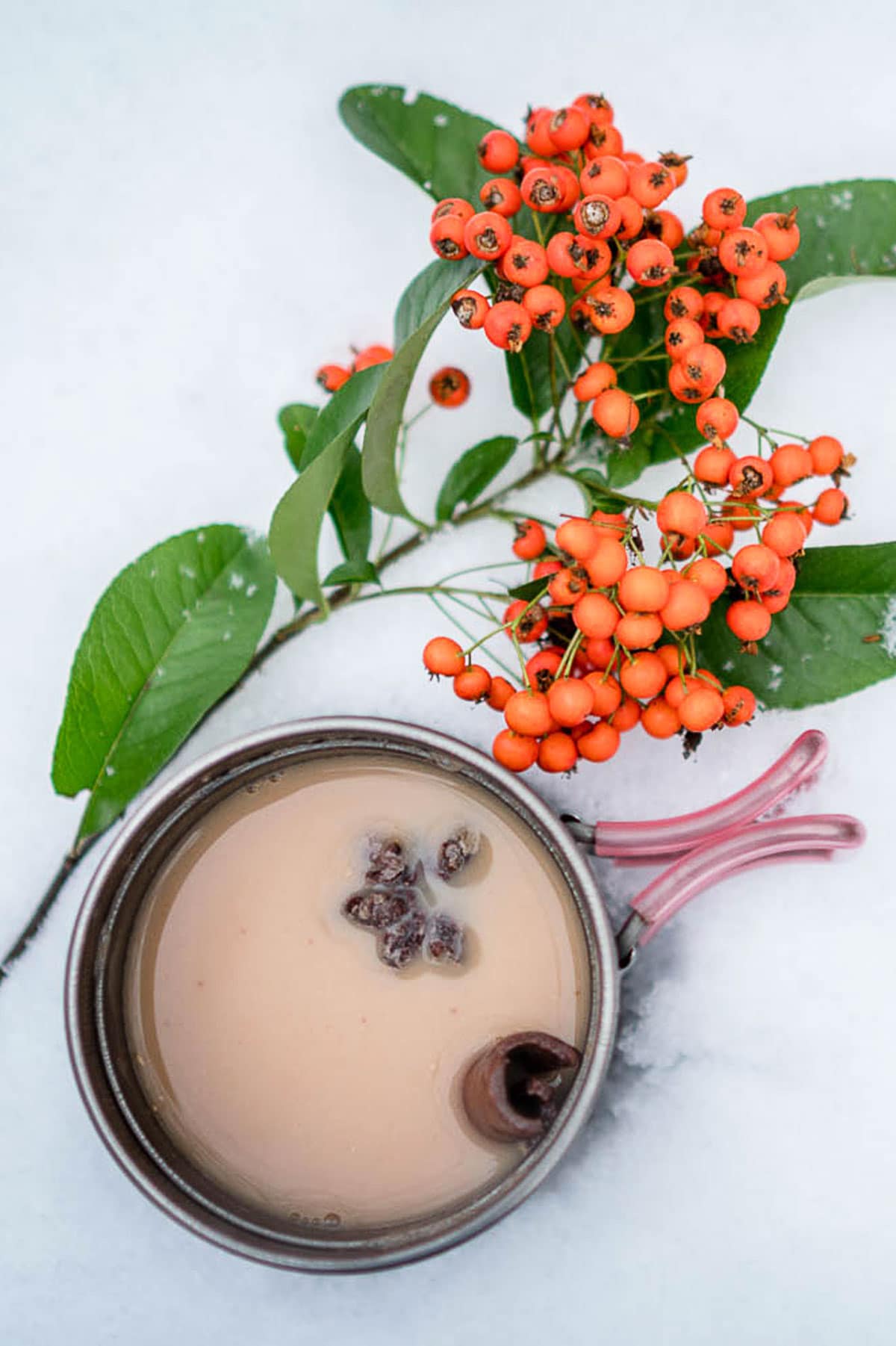 A mug of masala chai on a snowy surface