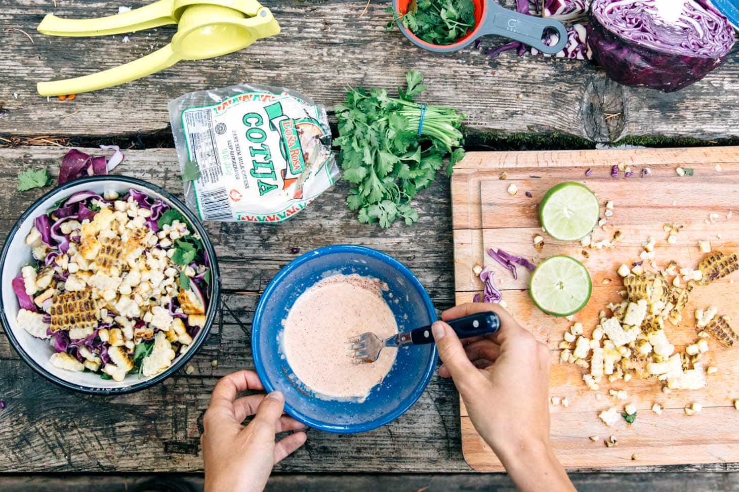 A fun take on Mexican street corn, this grilled esquites recipe (Mexican coleslaw) is a great side to serve with dinner while camping!