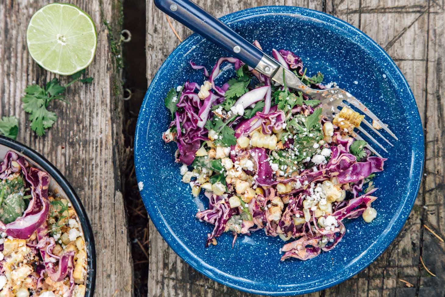 A fun take on Mexican street corn, this grilled esquites recipe (Mexican coleslaw) is a great side to serve with dinner while camping!