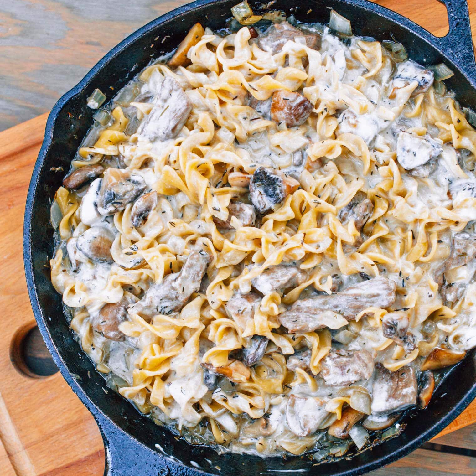 Beef stroganoff and noodles in a skillet