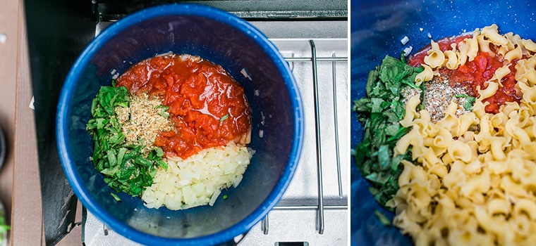 Ingredients for one pot pasta in a blue camping pot