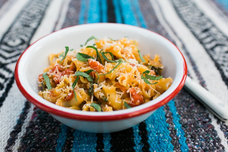 Pasta with red sauce in a bowl