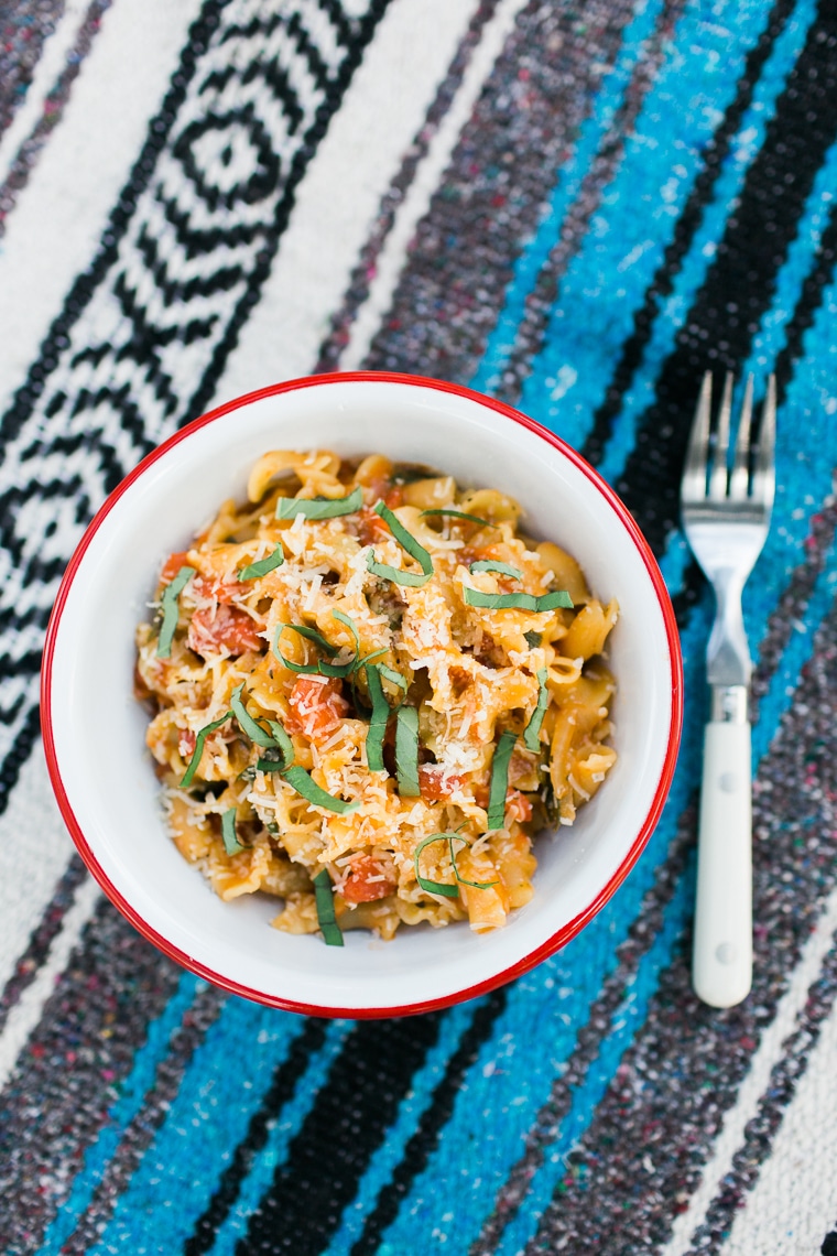 Pasta with red sauce in a bowl