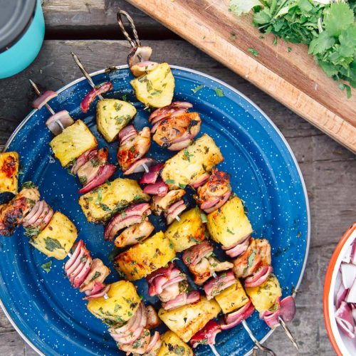 Pineapple chicken kabobs on a blue camping plate