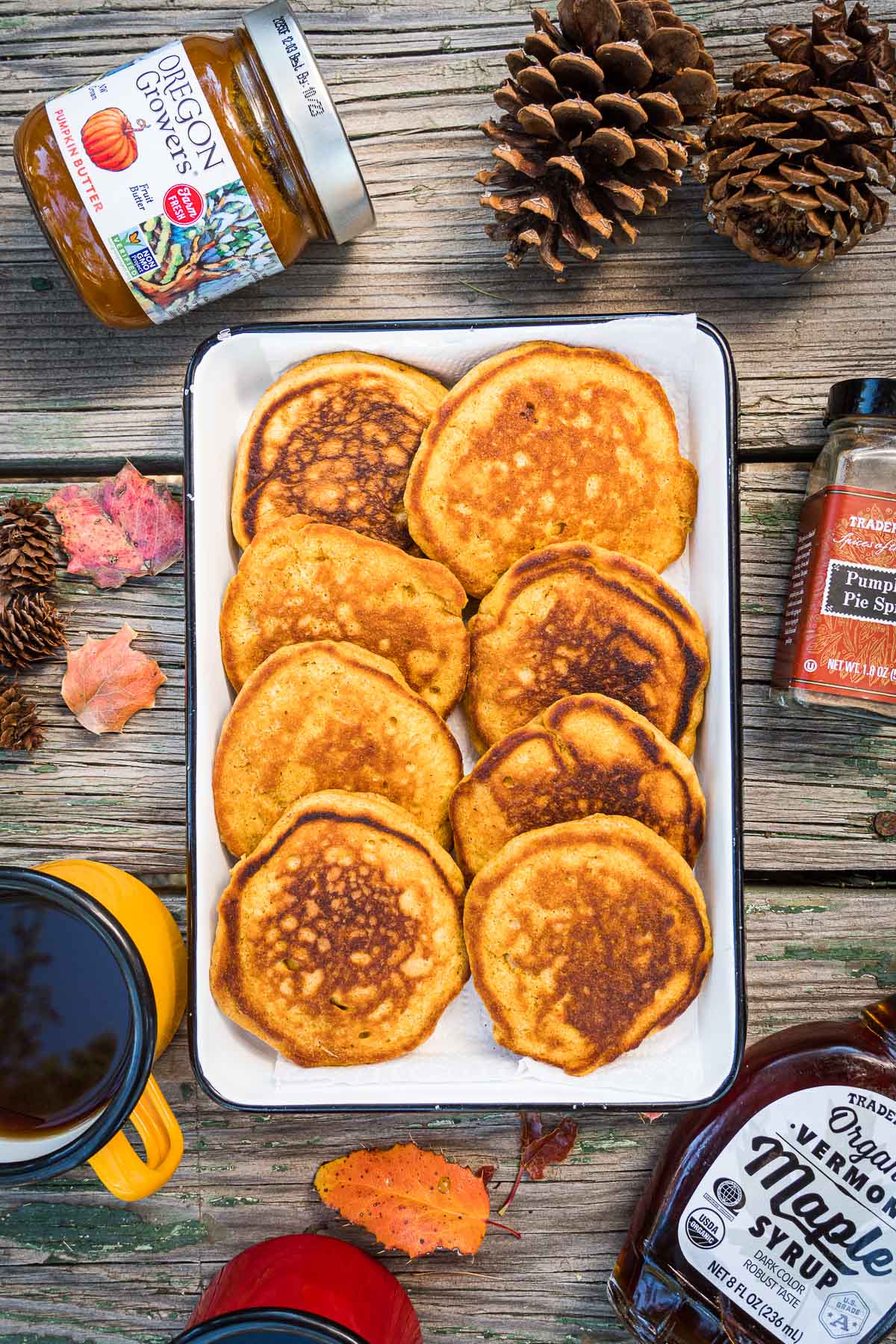 Pumpkin pancakes in a serving dish.