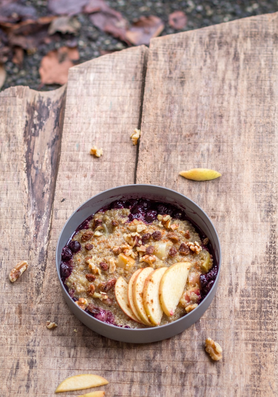 Bowl of quinoa porridge with apples on a wooden table.