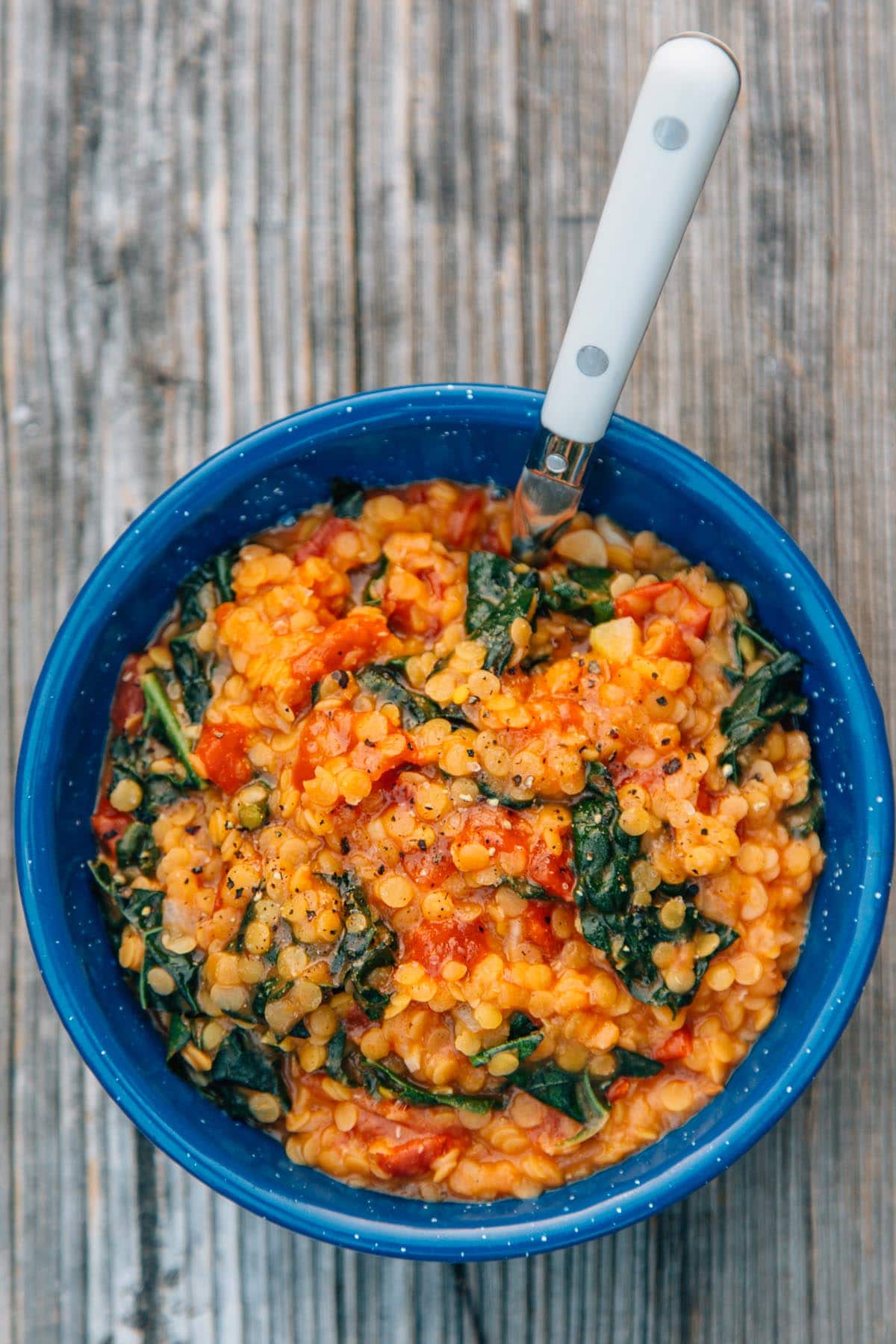 Coconut red lentil stew in a camping bowl