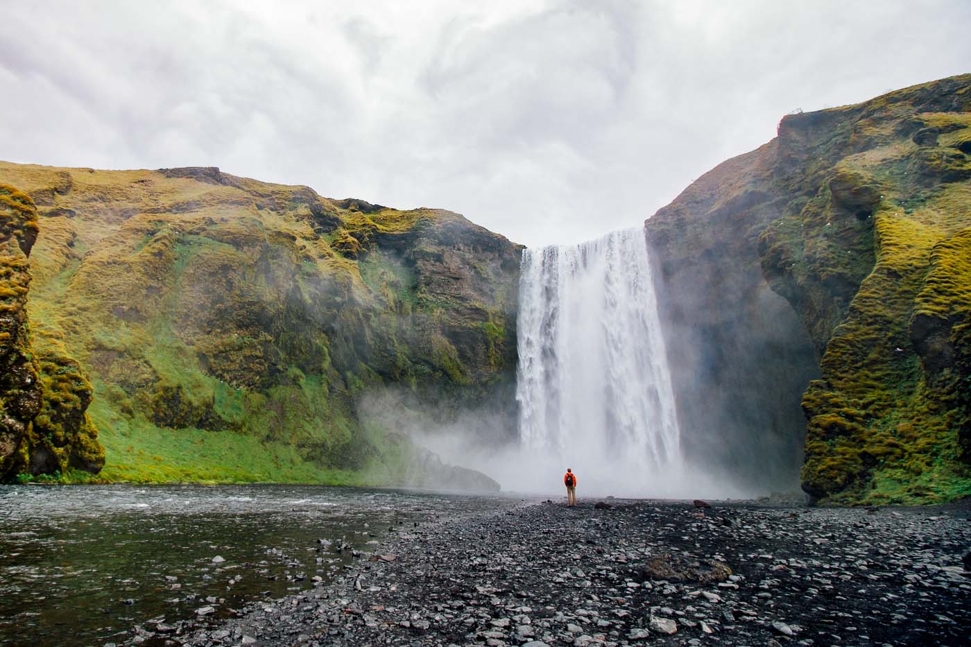 Man in an orange raincoat standing in front of the Skógafoss waterfall