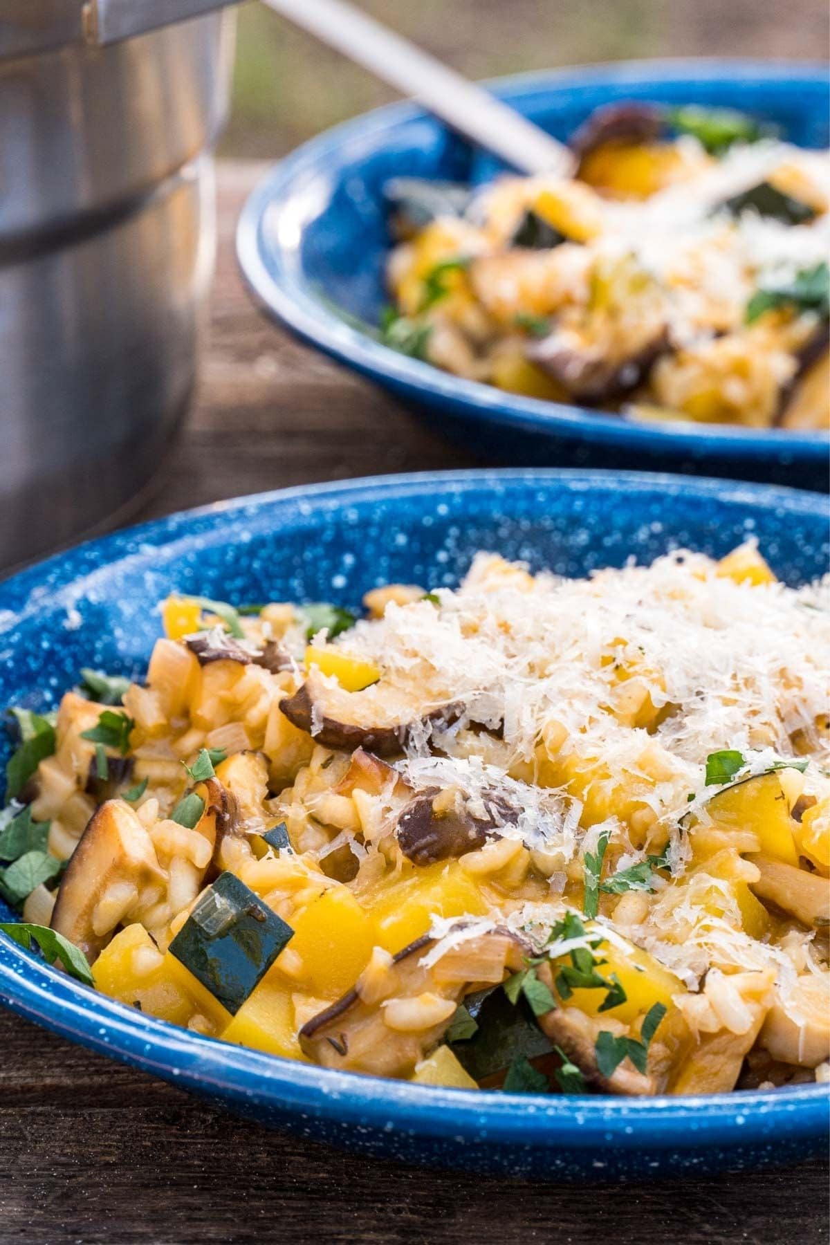 A blue bowl filled with acorn squash and mushroom risotto