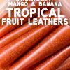 Pinterest graphic with text overlay reading "Mango, strawberry, and banana tropical fruit leathers"