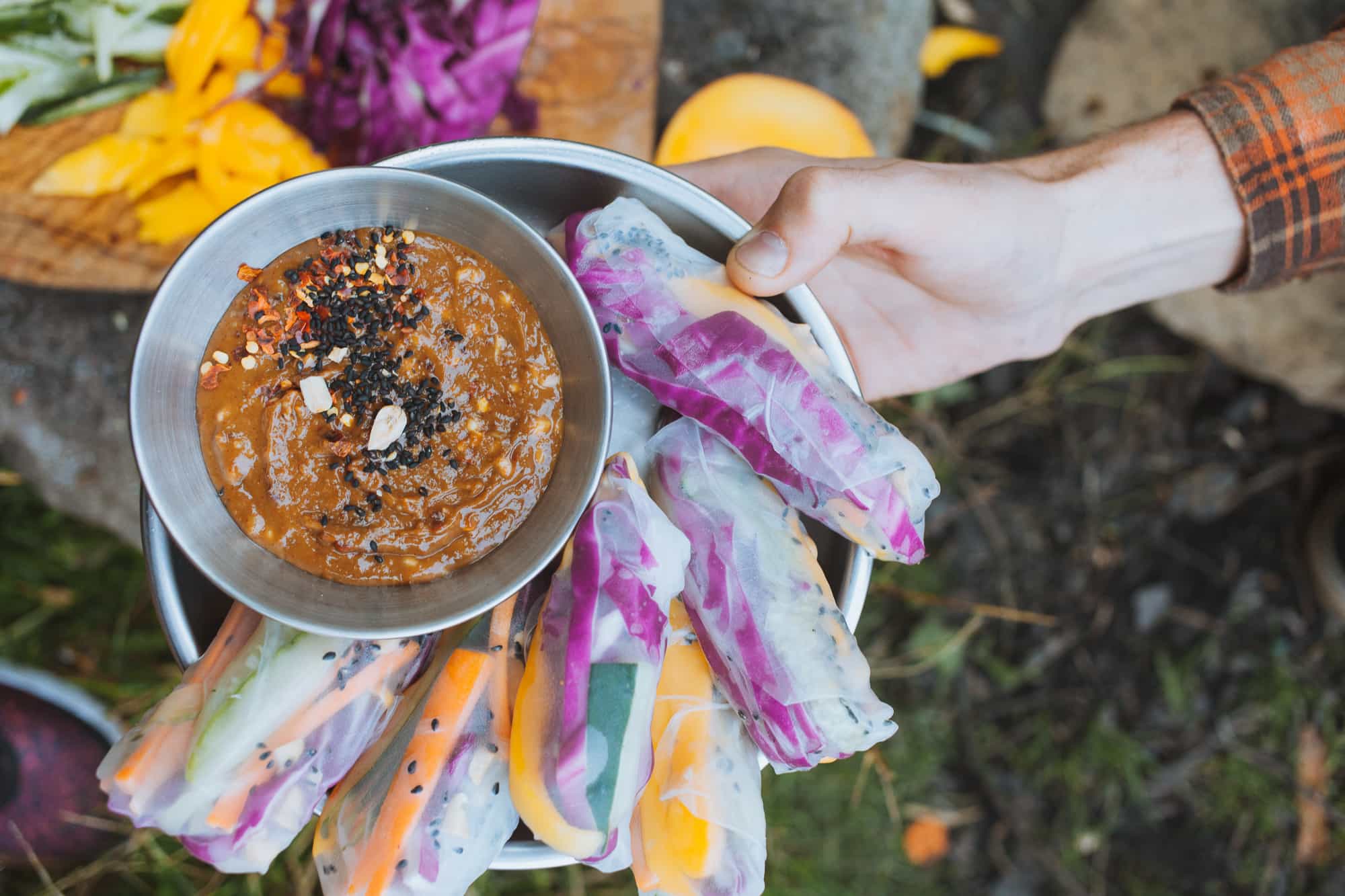 Fresh spring rolls on a plate with a small bowl of satay