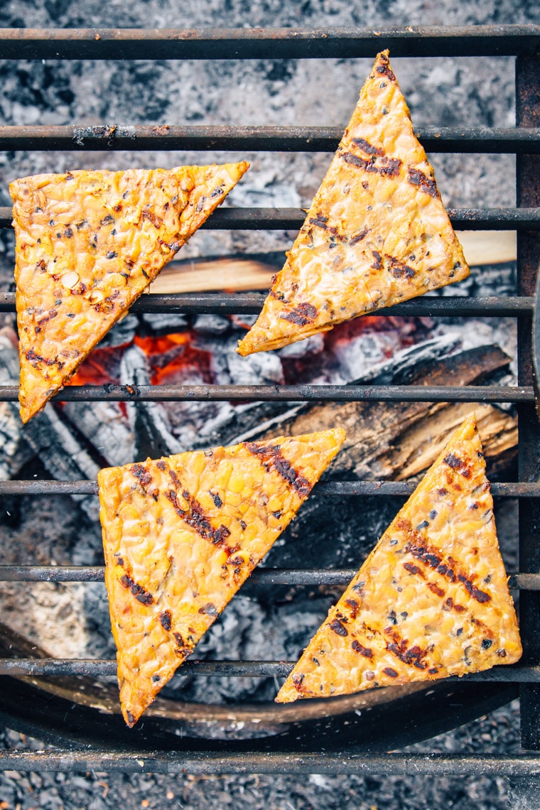 Grilling tempeh on a campfire