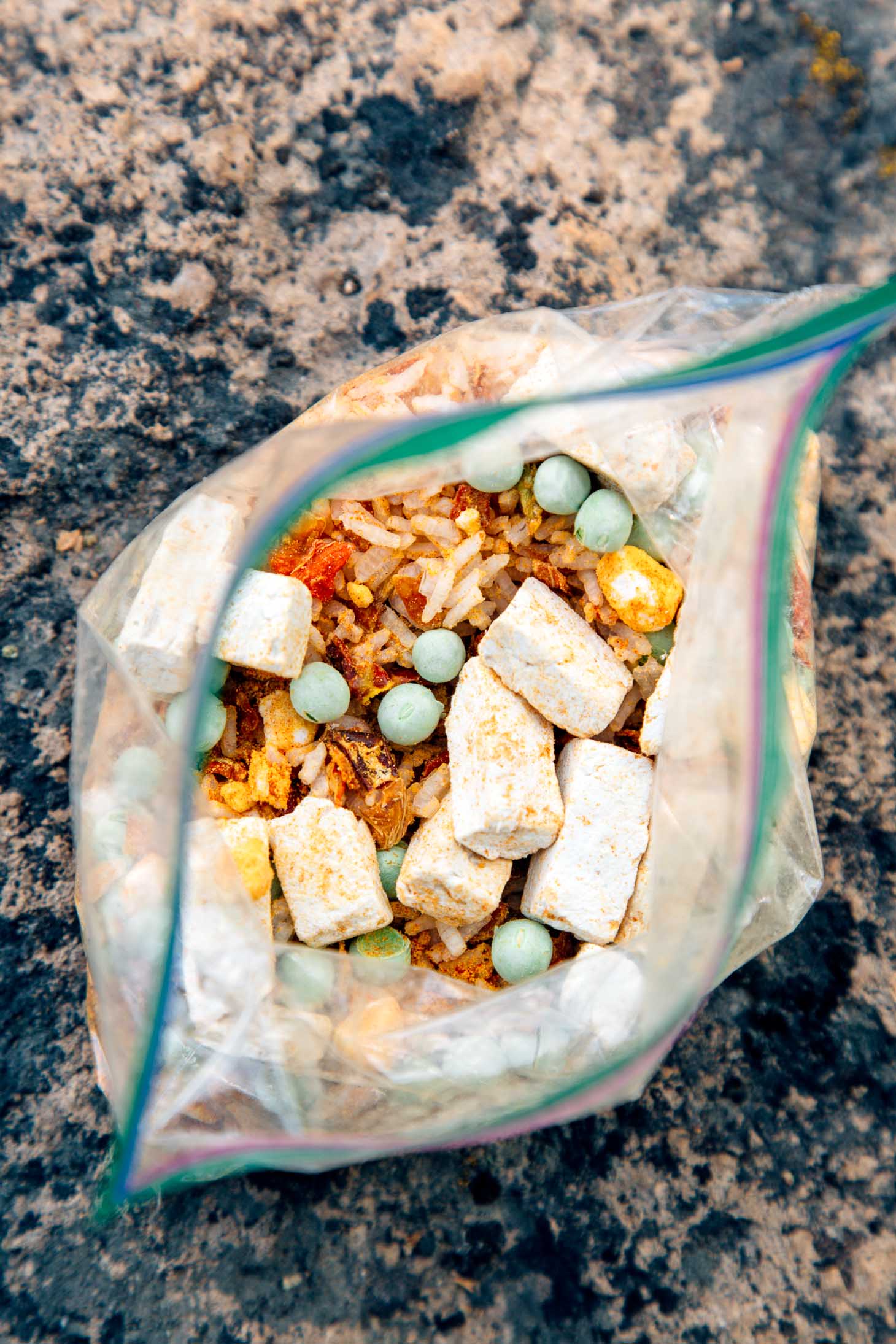 Ingredients for thai red curry rice backpacking meal in a ziplock bag