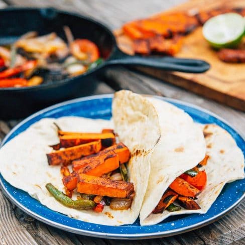 Grilled sweet potato fajitas on a tortilla