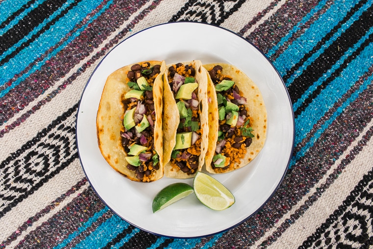 Three vegan tacos on a plate