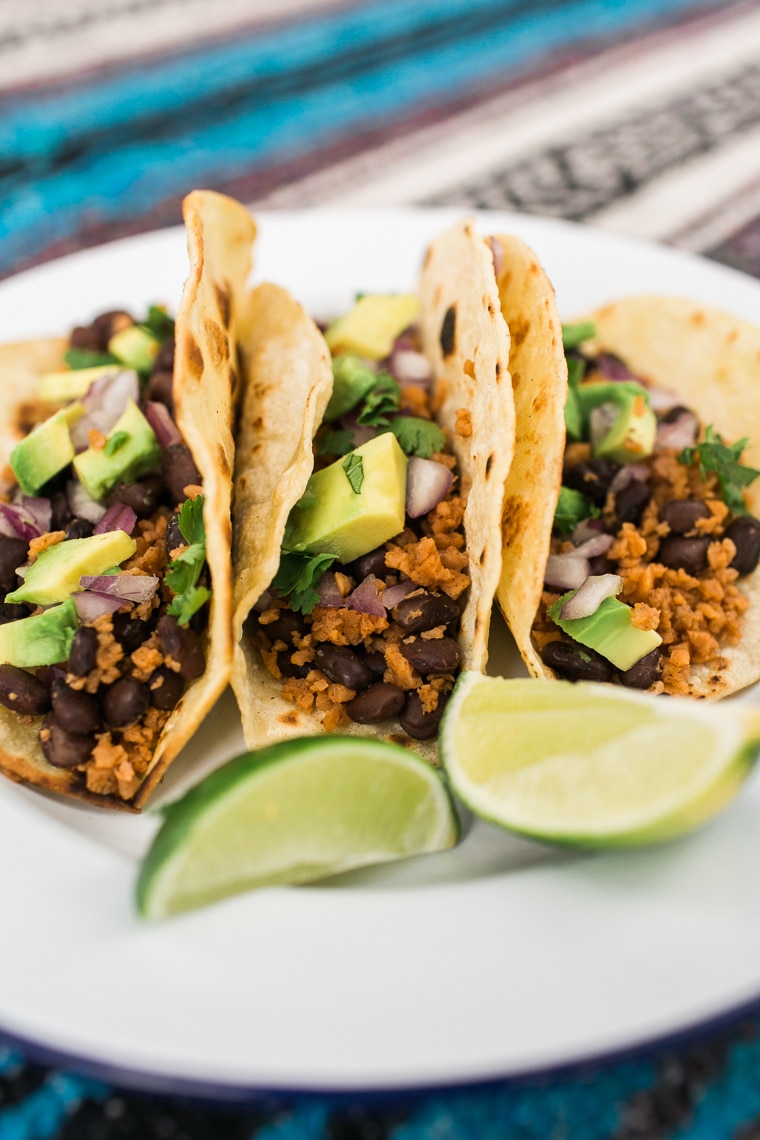 Three vegan tacos on a plate