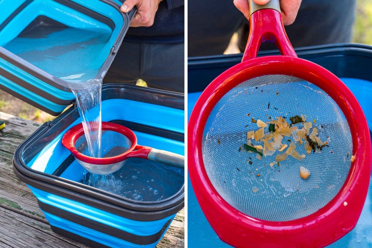 Straining out food particles from the wash bucket