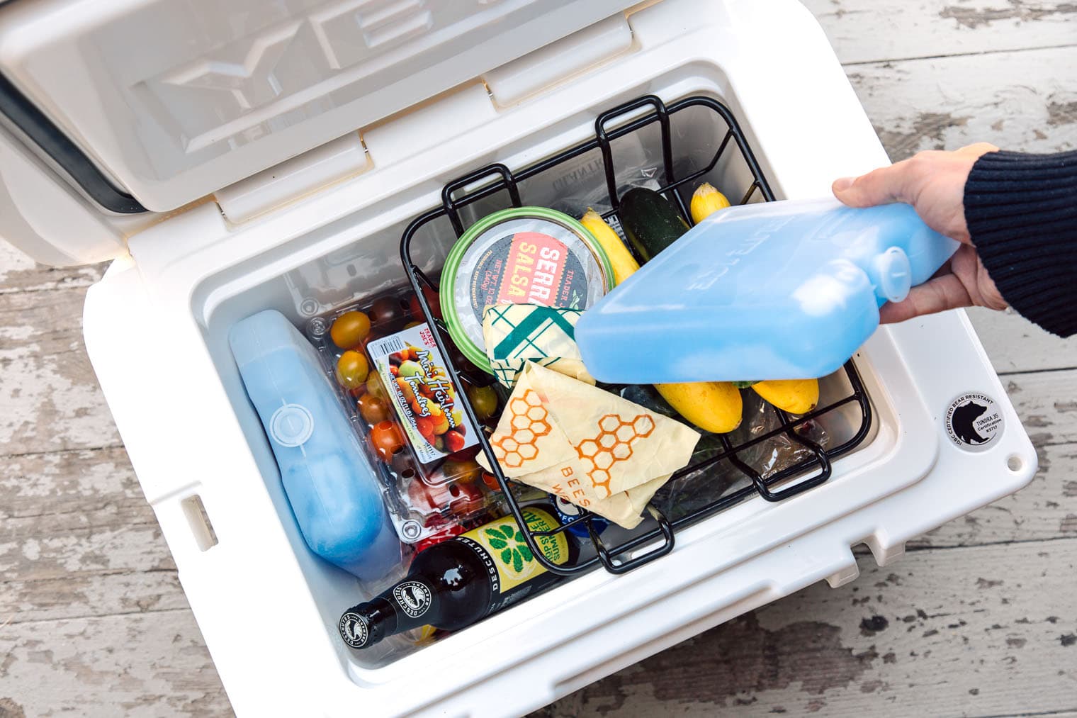 Michael placing a reusable ice block into a cooler