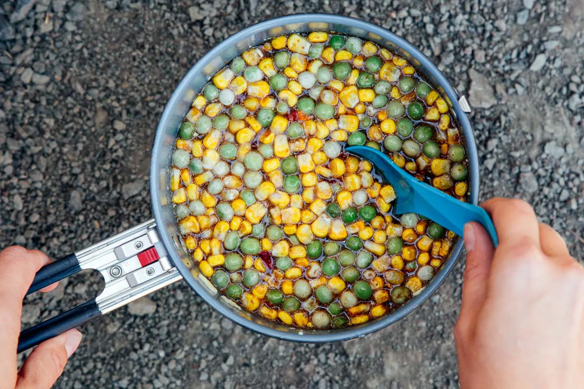 Rehydrating vegetables in a backpacking pot