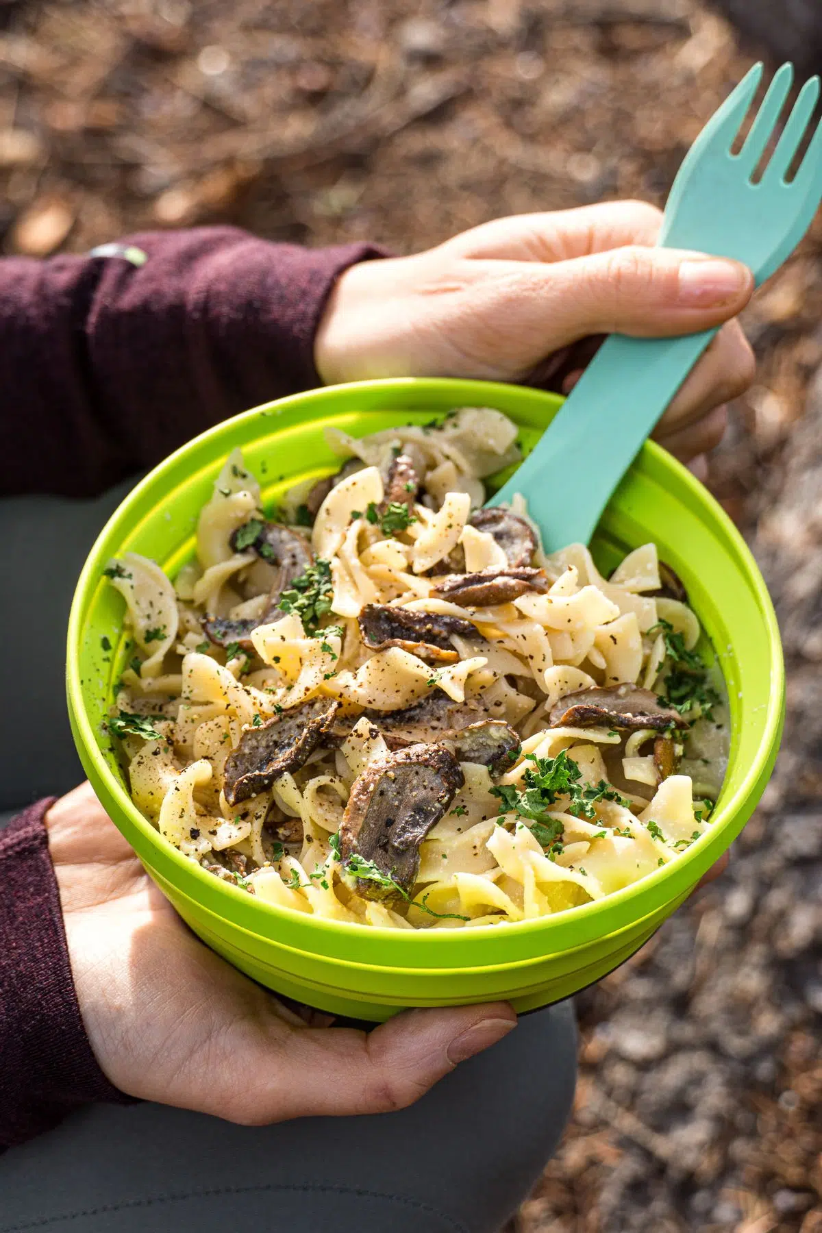 Megan's hands holding a bowl of dehydrated mushroom stroganoff